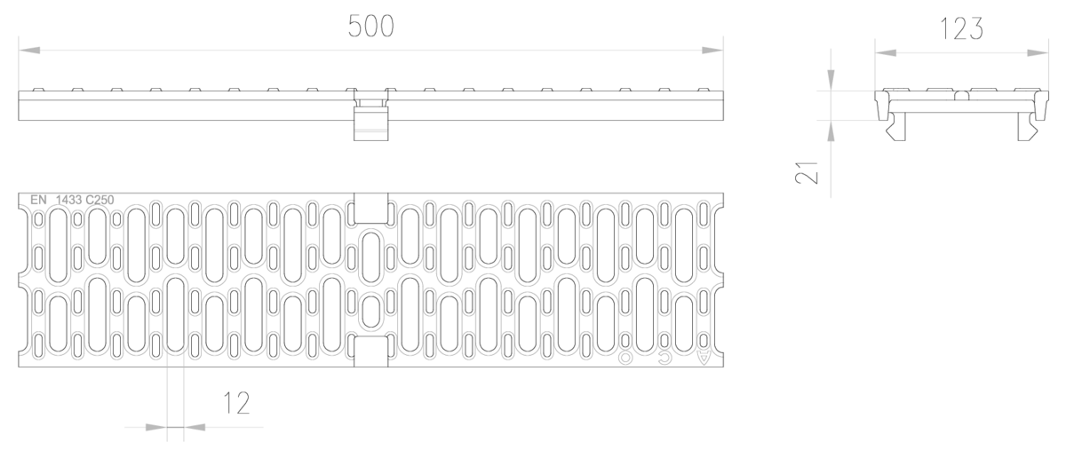 Esquema técnico de la reja para canal MULTIDRIAN/MULTILINE/XTRADRAIN 100, reja pasarela R12 en fundición de dimensiones L500 A123 H21/21 con sistema de fijación Drainlock, clase de carga C250.