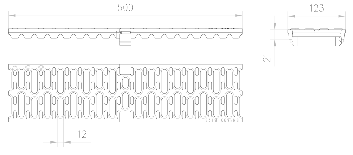 Esquema técnico de la reja para canal MULTIDRIAN/MULTILINE/XTRADRAIN 100, reja pasarela en fundición de dimensiones L500 A123 H21/21 con sistema de fijación Drainlock, clase de carga B125.