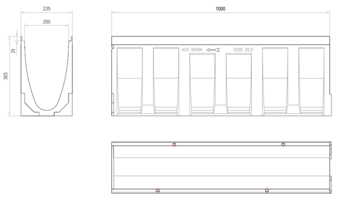 Esquema técnico del canal MULTILINE V200 20.0 L1000 H365 de hormigón polímero sin reja, sistema de fijación Drainlock