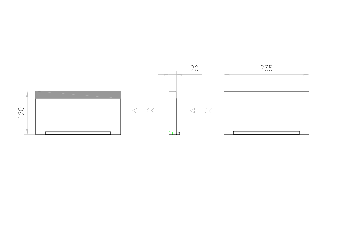 Esquema técnico da tampa inicio/final para o canal MULTILINE V200 L20 A235 H120 em betão polímerico com bastidor em aço galvanizado.