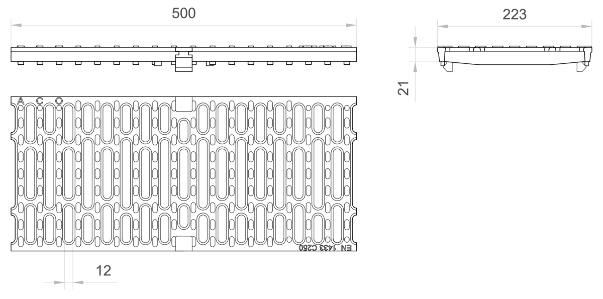 Esquema técnico de la reja para canal MULTIDRIAN/MULTILINE/XTRADRAIN 200, reja pasarela R12 en fundición de dimensiones L500 A223 H21/25 con sistema de fijación Drainlock, clase de carga C250.