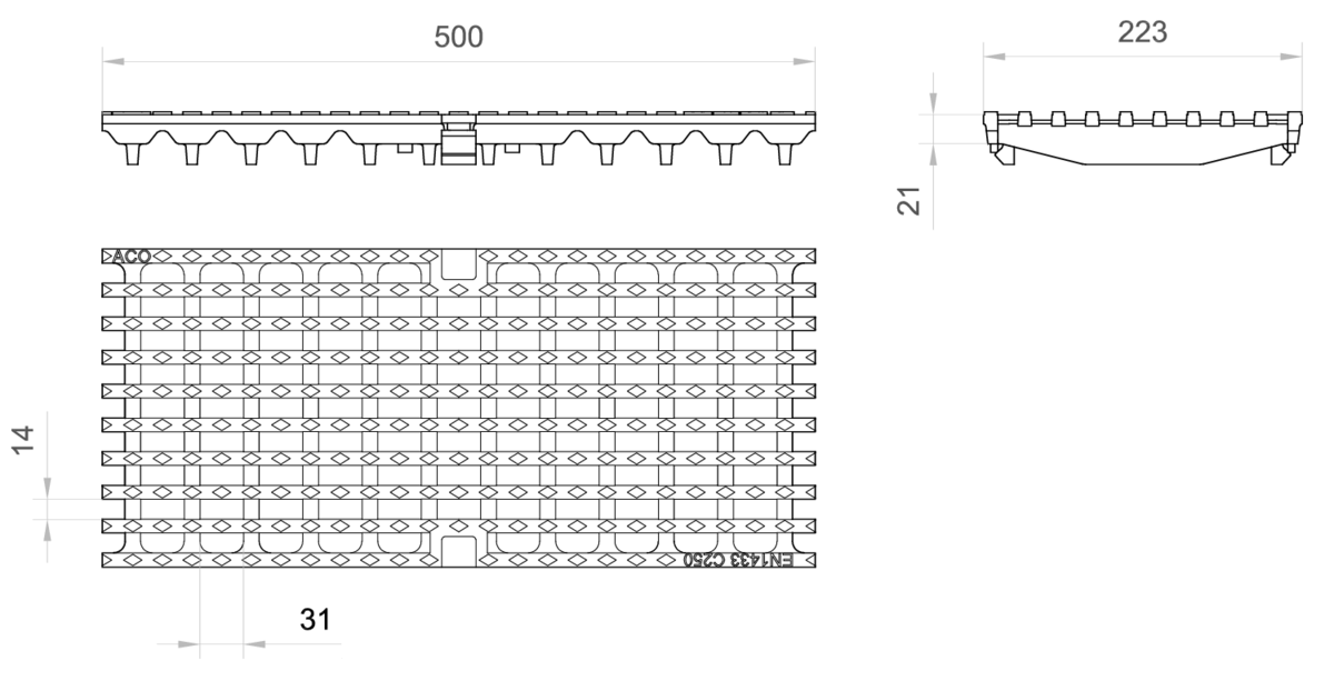 Esquema técnico de la reja para canal MULTIDRIAN/MULTILINE/XTRADRAIN 200, reja entramada 31X14 en fundición de dimensiones L500 A223 H21/35 con sistema de fijación Drainlock, clase de carga C250.