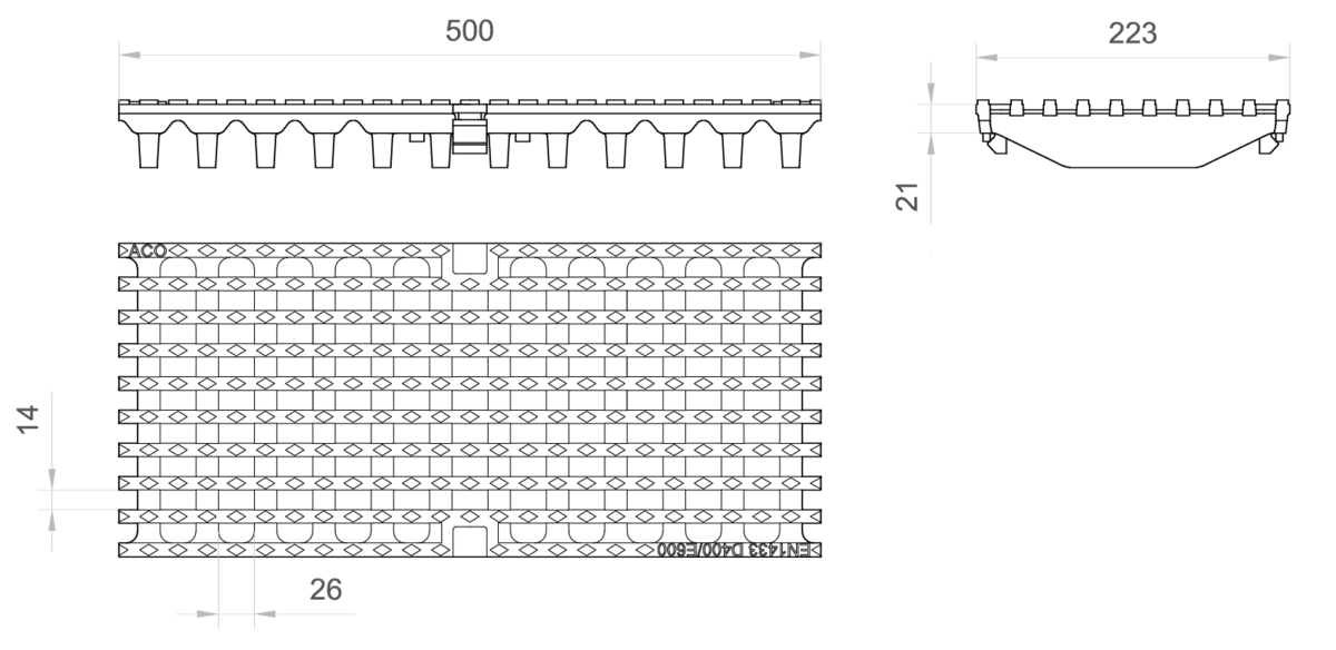 Esquema técnico da grelha para canal MULTIDRIAN/MULTILINE/XTRADRAIN 200, grelha entramada 26X14 em fundição da dimensões L500 A223 H21/45 com sistema de fixação Drainlock, classe de carga E600.