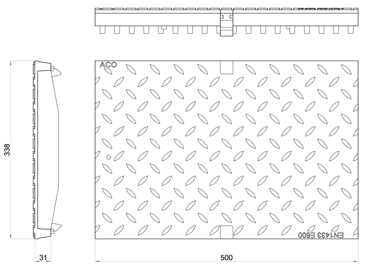 Esquema técnico da grelha para canal MULTILINE 300, grelha cega em fundição da dimensões L500 A338 H31/45 com sistema de fixação Drainlock, classe de carga E600.