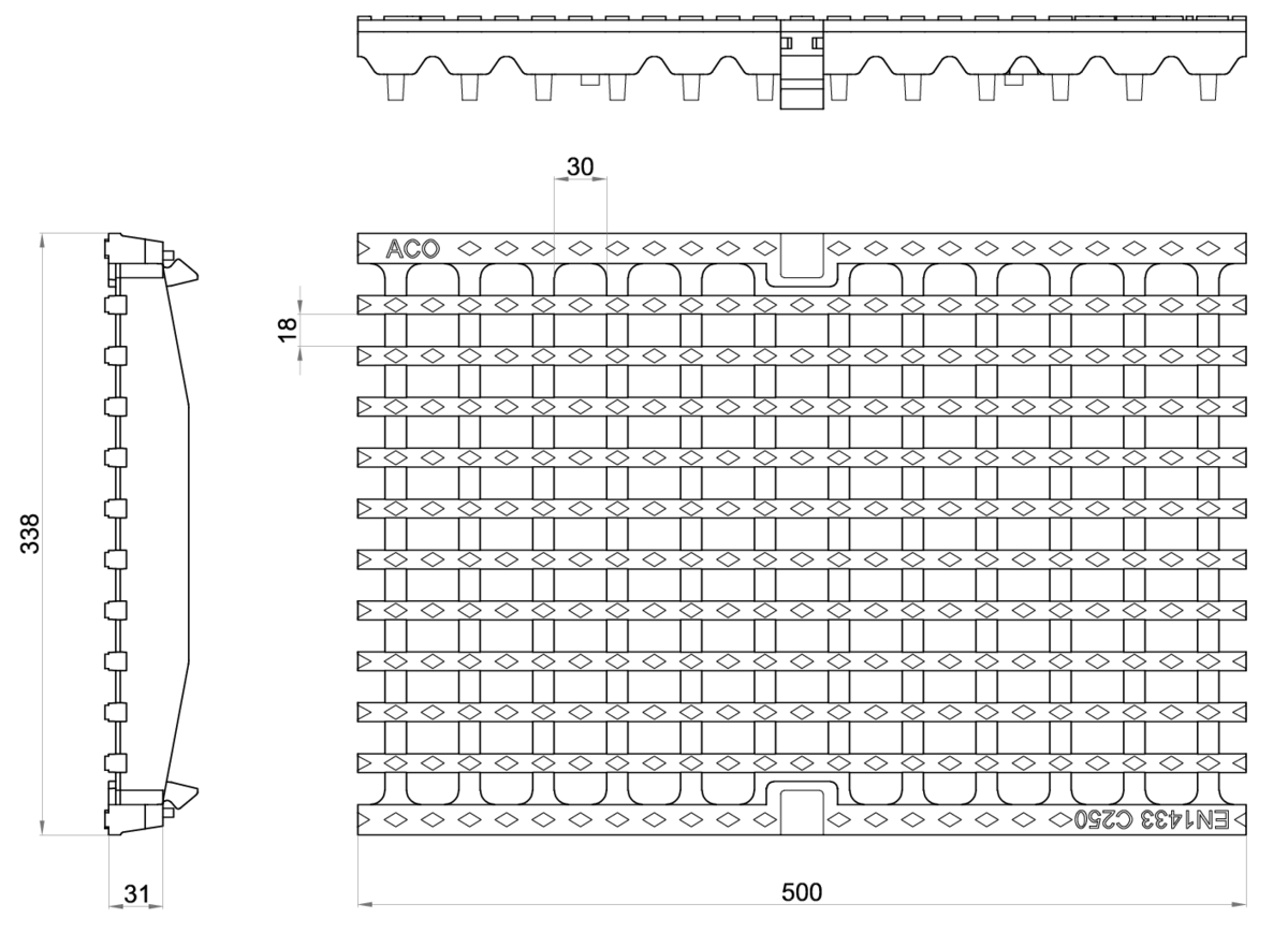 Esquema técnico da grelha para canal MULTILINE 300, grelha entramada lisa 30x18 em fundição da dimensões L500 A338 H31/45 com sistema de fixação Drainlock, classe de carga C250.