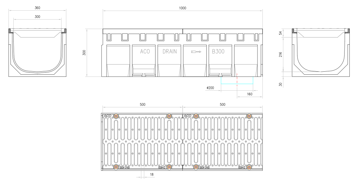 00014049 Esquema técnico del conjunto de canal S300 L1000 H300 en hormigon polímero con premarca para salida vertical DN/OD 200 y reja pasarela en fundición D400 con sistema de fijación por tornillos