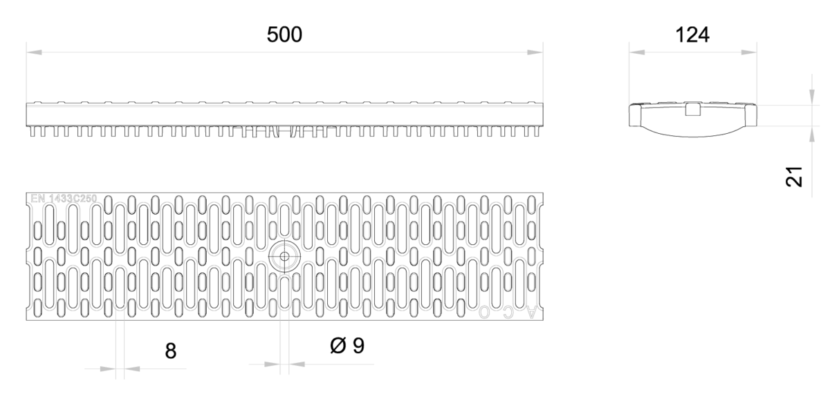 Esquema técnico de la reja para canal N 100, reja pasarela en composite plástico de dimensiones L500 A124 H21 con sistema de fijación con clavija, clase de carga C250.