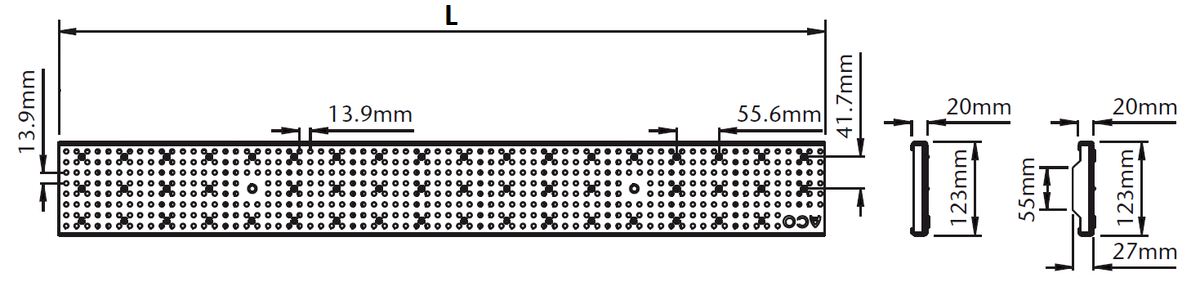 00021660 Esquema técnico de la reja para canal Modular 125, reja perforada en acero inoxidable AISI304 de dimensiones L1000 A125 H20 sin sistema de fijación, clase de carga A15.