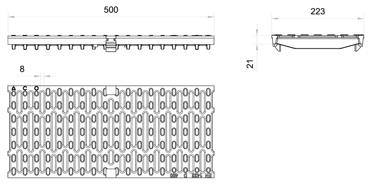 Esquema técnico de la reja para canal MULTIDRIAN/MULTILINE/XTRADRAIN 200, reja anti-tacón en fundición de dimensiones L500 A223 H21/32 con sistema de fijación Drainlock, clase de carga D400.
