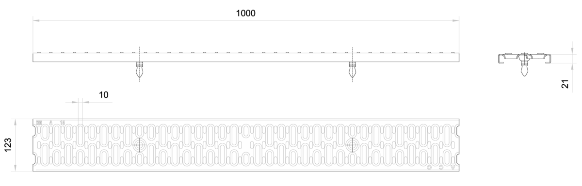 00031530 Esquema técnico de la reja para canal LW100K, reja pasarela en acero galvanizado de dimensiones L1000 A123 H21 con sistema de fijación Quicklock, clase de carga A15.