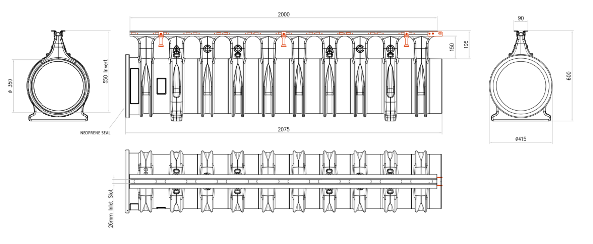 00032812 Esquema técnico del canal QMAX 350 L2000 en polietileno de alta densidad (HDPE) y reja Q-Flow de acero galvanizado F900