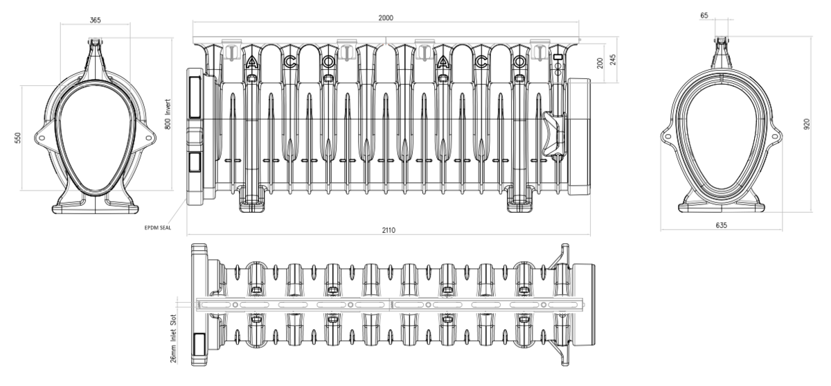 Esquema técnico del canal QMAX 550 L2000 en polietileno de alta densidad (HDPE) y reja Q-Flow de fundición F900