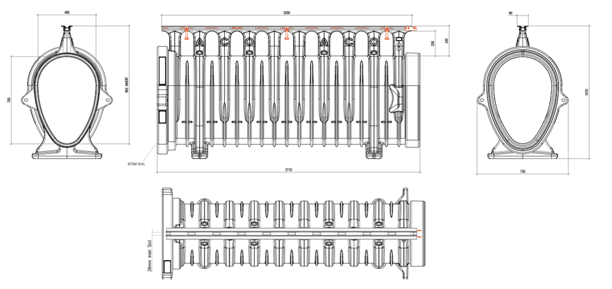 00032832 Esquema técnico del canal QMAX 700 L2000 en polietileno de alta densidad (HDPE) y reja Q-Flow de acero galvanizado F900