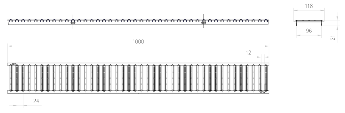 Esquema técnico de la reja para canal SELF 100, reja pasarela en acero galvanizado de dimensiones L1000 A118 H21 con sistema de fijación por pestaña, clase de carga A15.