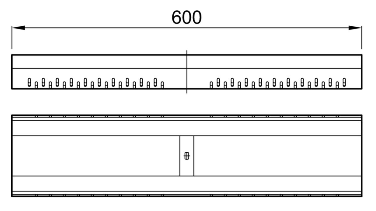 Esquema técnico del elemento de compensación central para el canal PROFILINE en acero galvanizado, de L600 A100 H55/75.