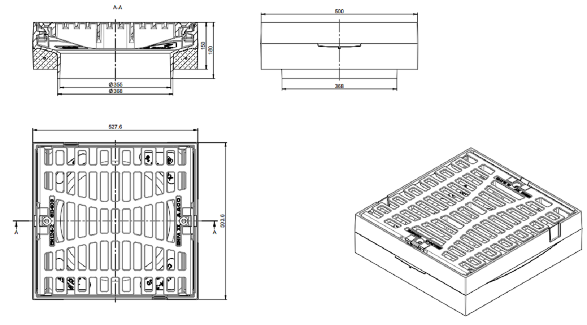 00089121_E Esquema grelha Multitop 500x500 D400 aro BEGU para sumidouro Combipoint