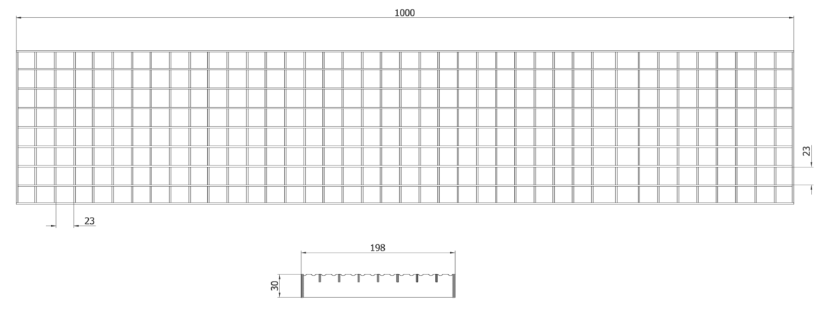 00092201 Esquema técnico de la reja para canal Modular 200, reja entramada antideslizante 25X25 30X2 en acero inoxidable AISI304 de dimensiones L1000 A198 H30 sin sistema de fijación, clase de carga A15.