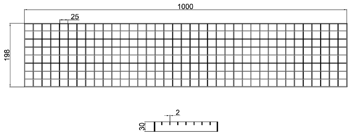 00092208 Esquema técnico de la reja para canal MODULAR 200, reja entramada lisa 25x25 30x2 en acero inoxidable AISI304 de dimensiones L1000 A198 H30, clase de carga A15.