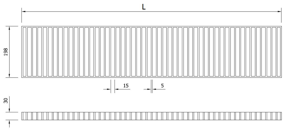 00092214 Esquema técnico de la reja para canal MODULAR 200, reja de barras 30x5 en acero inoxidable AISI304 de dimensiones L500 A198 H30, clase de carga C250.