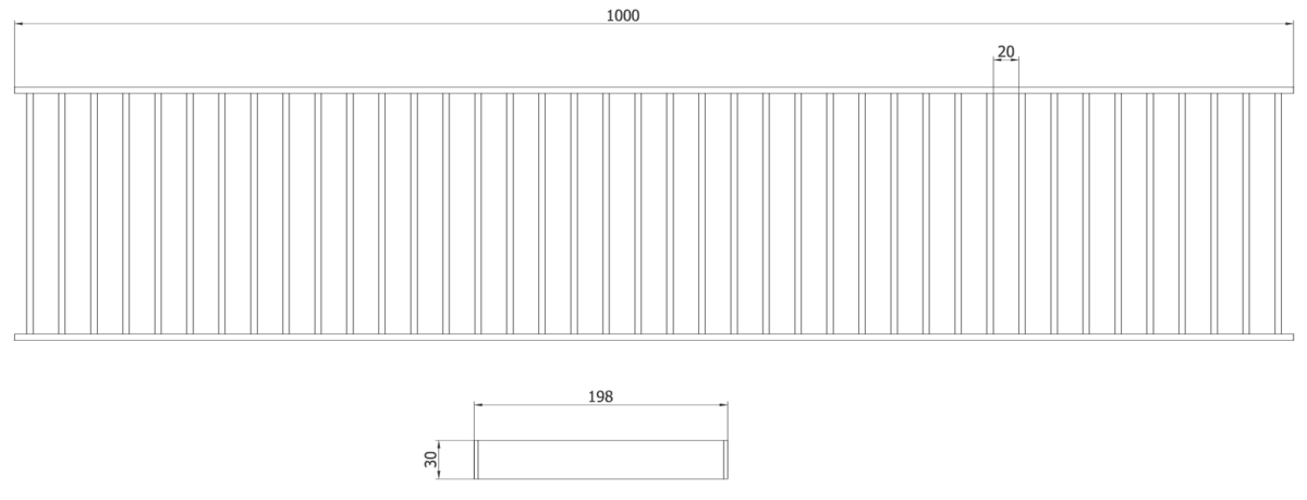 00092215 Esquema técnico de la reja para canal MODULAR 200, reja de barras 30x5 en acero inoxidable AISI304 de dimensiones L1000 A198 H30, clase de carga C250.