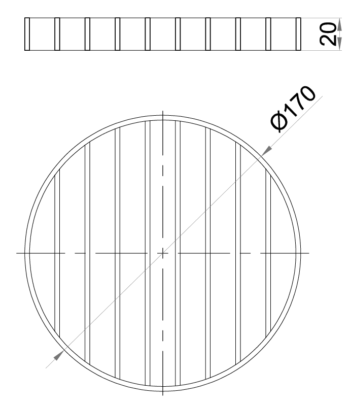 Esquema técnico da grelha para sumidouro EG, grelha de barras antiderrapantes em aço inoxidável AISI304 da dimensões Ø170 H30 sem sistema de fixação, classe de carga M125.