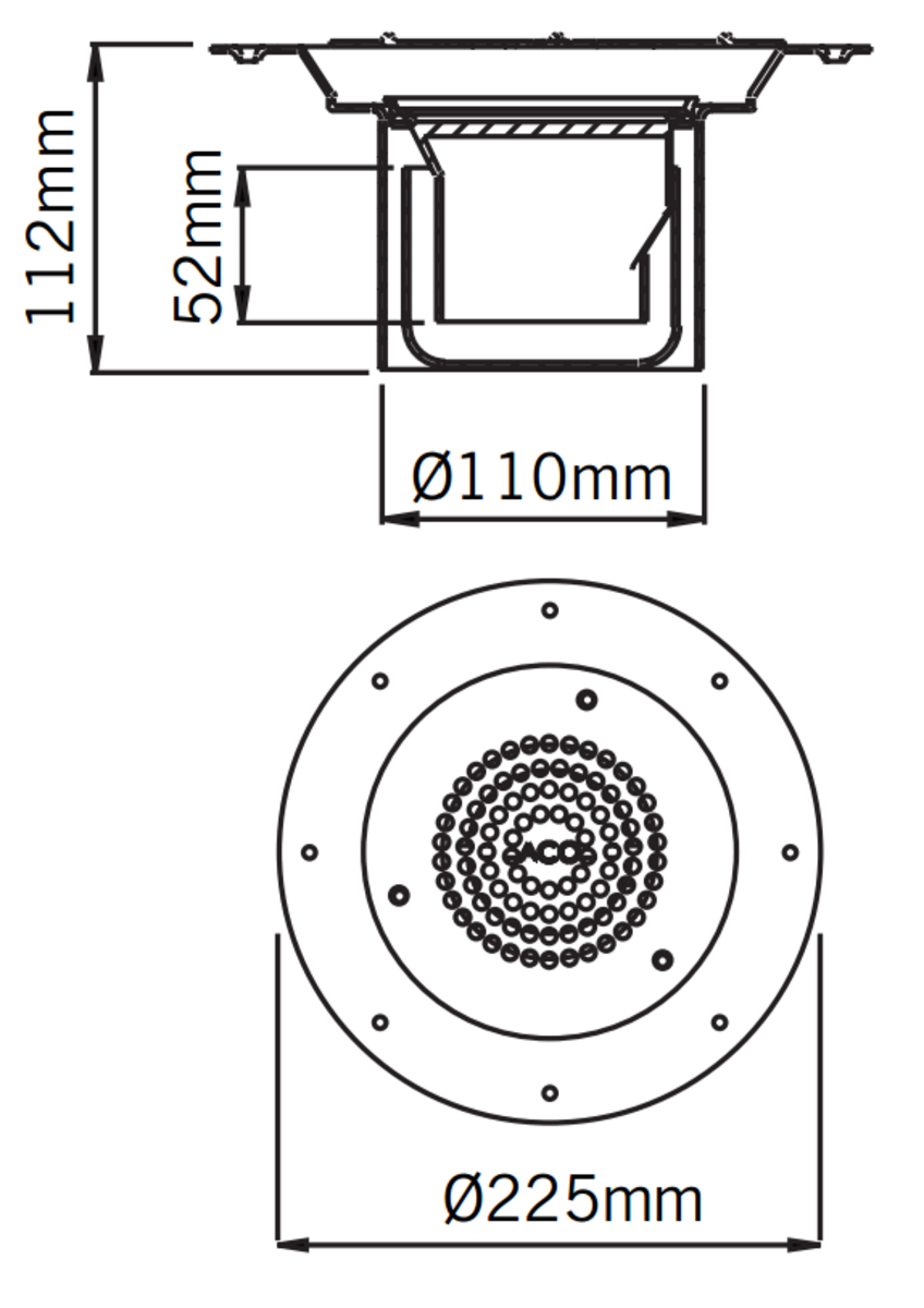 Esquema técnico del sumidero EG150 FIJO, fabricado en acero inoxidable AISI304, de dimensiones Ø225 H112 con marco para clipaje de tela, salida vertical DN100, con sifón, con reja perforada con fijación clase de carga K3.