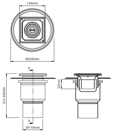 00097216 Esquema técnico do sumidouro com sifão EG150 realizado em aço inoxidável, de dimensões 150x150, com aro para impermeabilizasão liquida e saída vertical DN110.