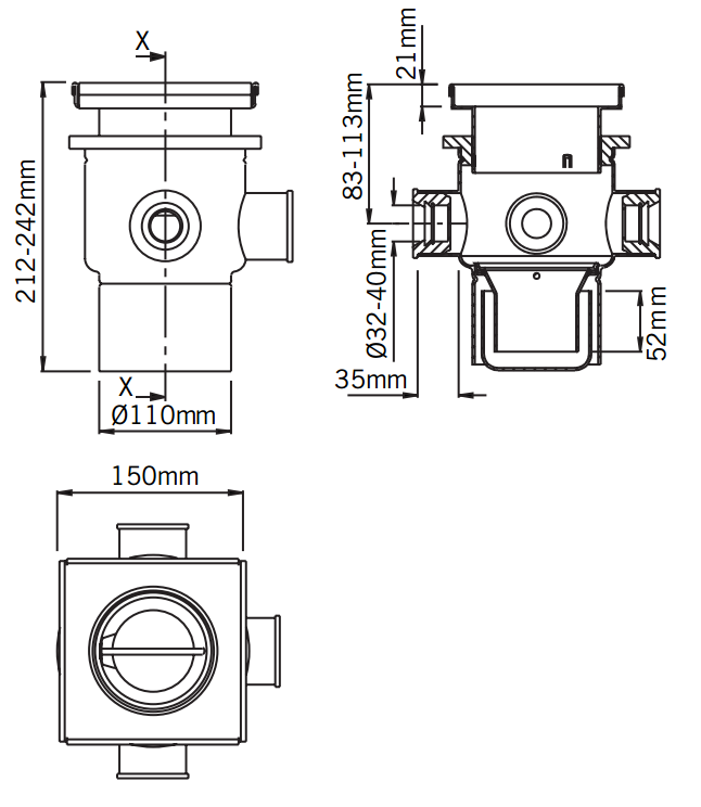 Esquema técnico del sumidero EG150 TELESCOPICO, fabricado en acero inoxidable AISI304, de dimensiones L150 A150 H212, salida vertical DN100, con 3 entradas DN32/40, con sifón, sin reja.