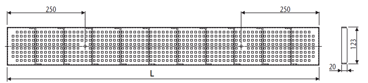 00105527 Esquema técnico de la reja para canal Modular 125, reja quadrato en acero inoxidable AISI304 de dimensiones L1000 A125 H20 sin sistema de fijación, clase de carga A15.