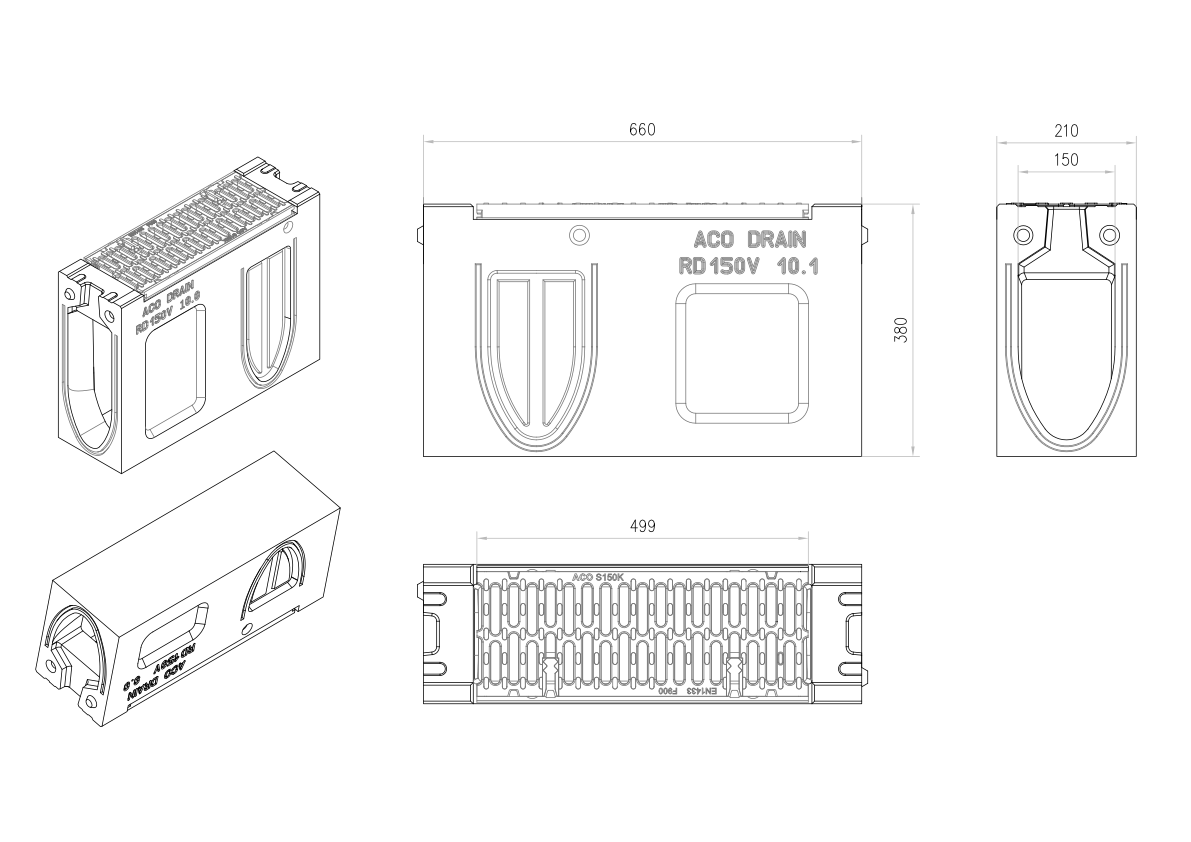 00130077 Esquema técnico del canal registro MONOBLOCK RD150V 10.0 L660 H380 de hormigón polímero con reja pasarela de fundicón F900, sistema de fijación Drainlock, preformas laterales rompibles L-T-X