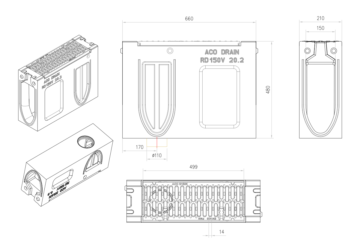 00130081 Esquema técnico del canal registro MONOBLOCK RD150V 10.2 L660 H380 de hormigón polímero con reja pasarela de fundicón F900, sistema de fijación Drainlock, preformas laterales rompibles L-T-X y junta labiolaberíntica