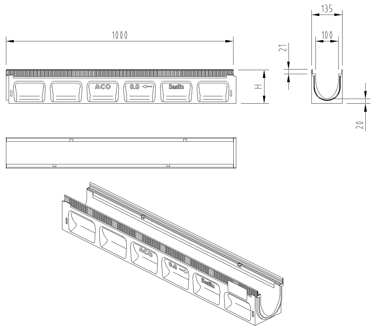 00132330_E Esquema técnico .dwg del CANAL V100 SEAL IN de hormigon polimero distintas alturas sin pendiente