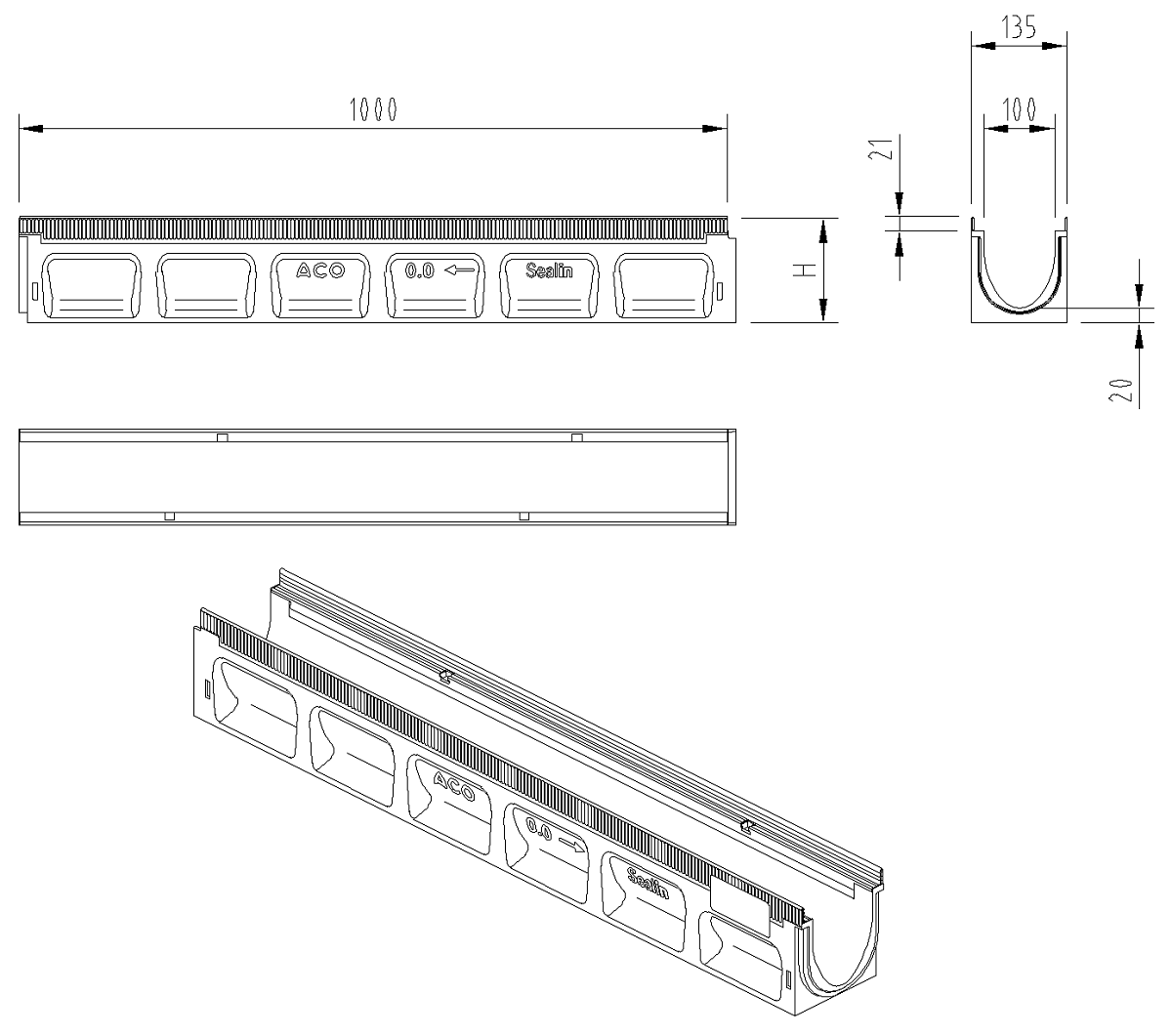 Esquema técnico .dwg do CANAL V100 SEAL IN em batão polimero distintas alturas sem pendente