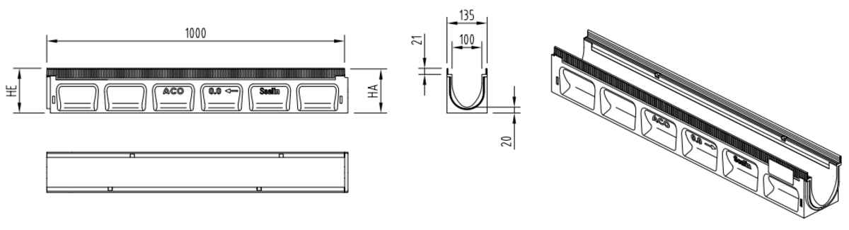 00132330 Esquema técnico del canal MULTILINE SEAL IN V100 0.0 L1000 H150 de hormigón polímero sin reja, sistema de fijación Drainlock