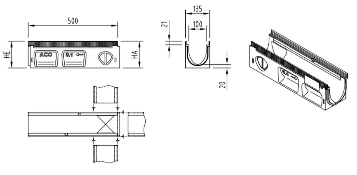 Esquema técnico do canal MULTILINE SEAL IN V100 0.1 L500 H150 em betão polímerico sem grelha, sistema de fixação Drainlock e pré-formas laterais quebráveis L-T-X