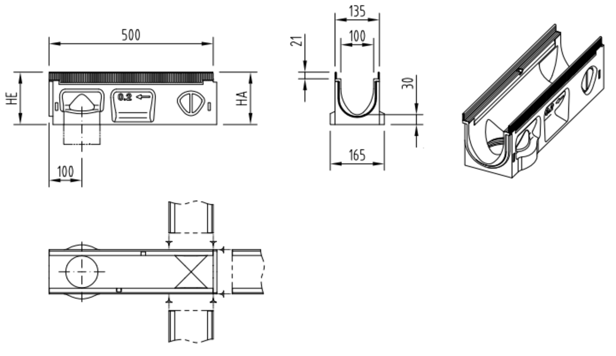 00132333 Esquema técnico del canal MULTILINE SEAL IN V100 0.2 L500 H150 de hormigón polímero sin reja, sistema de fijación Drainlock y preformas laterales rompibles L-T-X y junta labiolaberintica vertical DN/OD 110