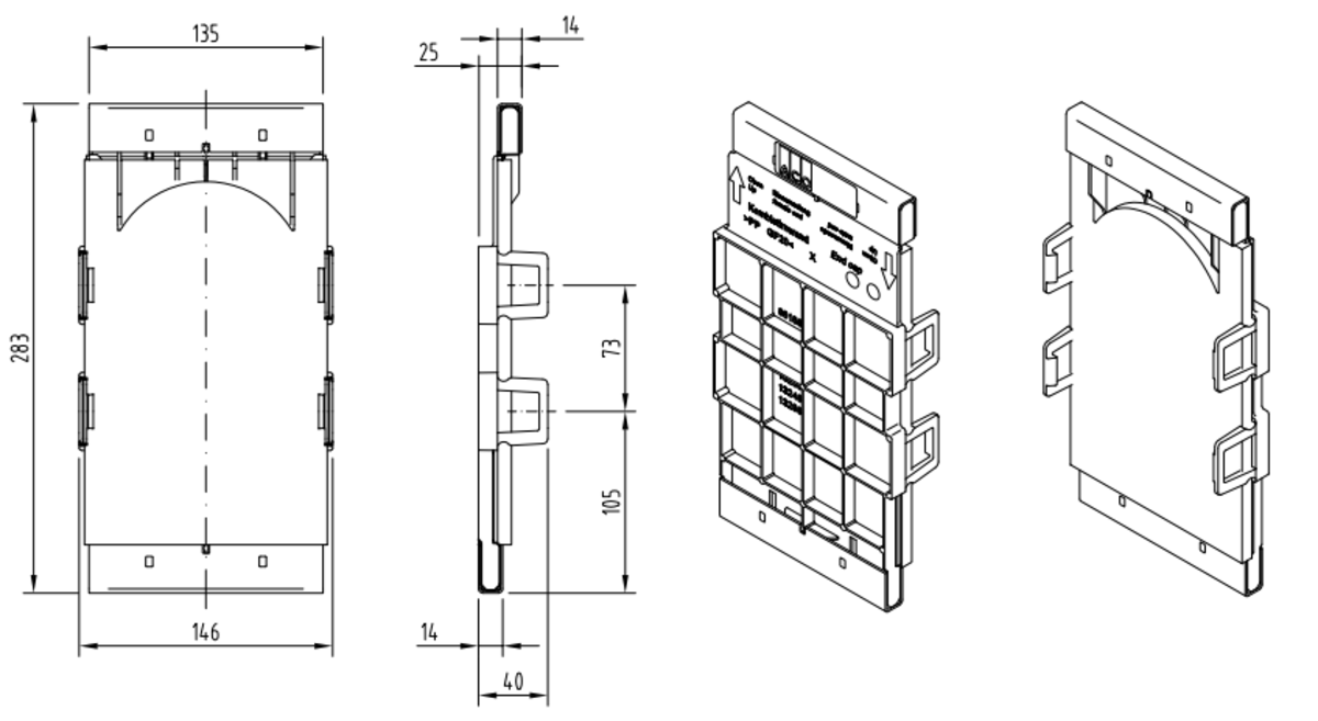 00132385 Esquema técnico de la tapa inicio/final para el canal MULTILINE SEAL IN V100 0-20 L14 A135 H283 en plástico ABS con bastidor en acero galvanizado.