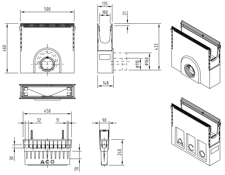 00132391 Esquema técnico del sumidero completo para el canal MULTILINE SEAL IN V100 0-10 L500 H460 de hormigón polímero, sin reja, sistema de fijación Drainlock, preformas laterales rompibles L-T-X y junta labiolaberíntica DN/OD 110, con cestillo.