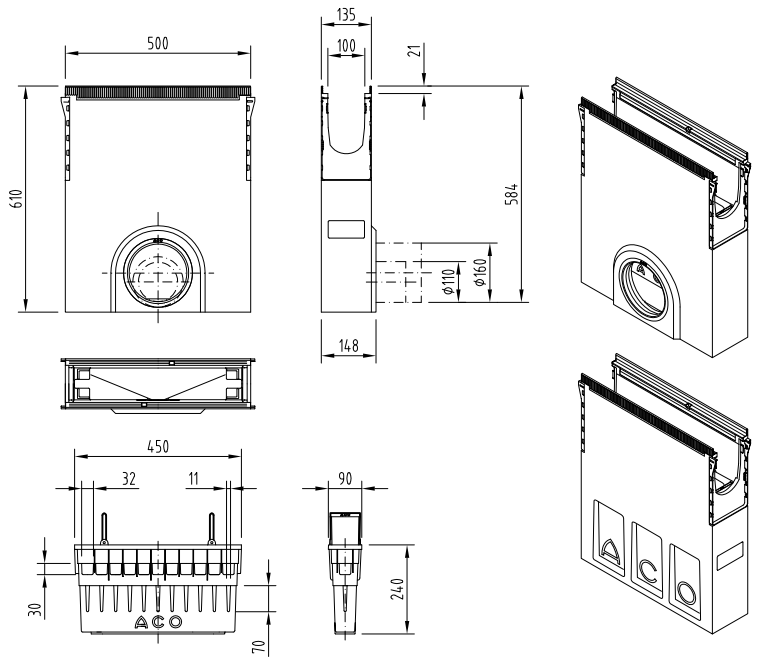 00132399 Esquema técnico del sumidero completo para el canal MULTILINE SEAL IN V100 0-20 L500 H610 de hormigón polímero, sin reja, sistema de fijación Drainlock, preformas laterales rompibles L-T-X y junta labiolaberíntica DN/OD 160, con cestillo.