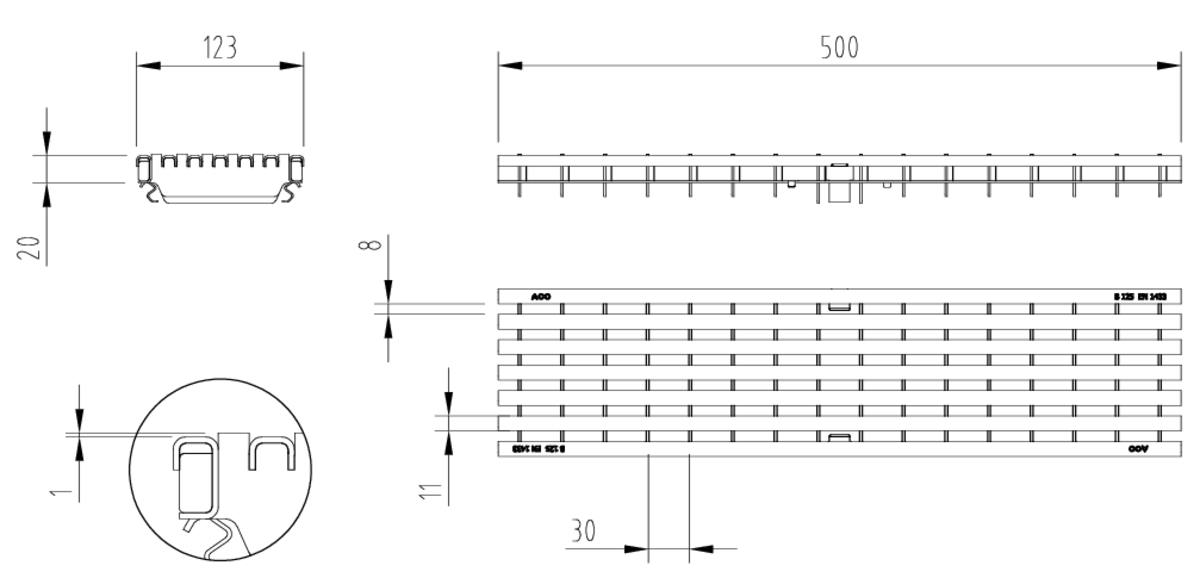 00132550 Esquema técnico da grelha para canal MULTIDRIAN/MULTILINE/XTRADRAIN 100, grelha anti-salto em aço galvanizado da dimensões L500 A123 H20/35 com sistema de fixação Drainlock, classe de carga B125.