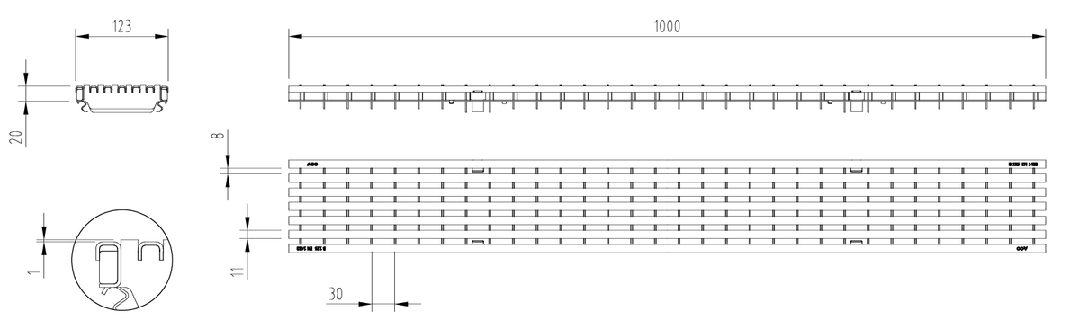00132555 Esquema técnico de la reja para canal MULTIDRIAN/MULTILINE/XTRADRAIN 100, reja anti-tacón R8 en acero galvanizado de dimensiones L1000 A123 H20/35 con sistema de fijación Drainlock, clase de carga B125.