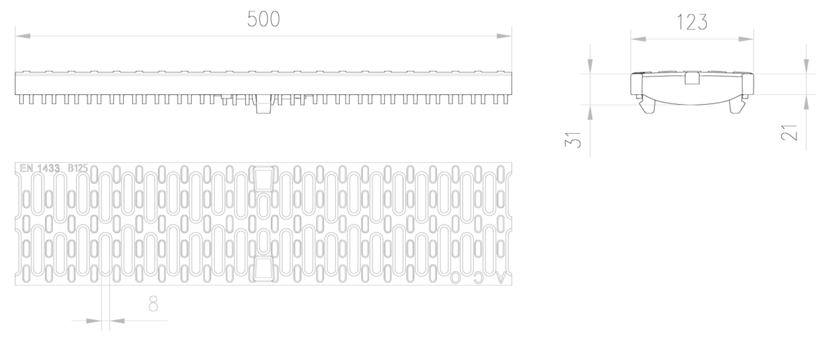 Esquema técnico de la reja para canal MULTIDRIAN/MULTILINE/XTRADRAIN 100, reja pasarela R8 en composite plástico de dimensiones L500 A123 H21/31 con sistema de fijación Drainlock, clase de carga B125.