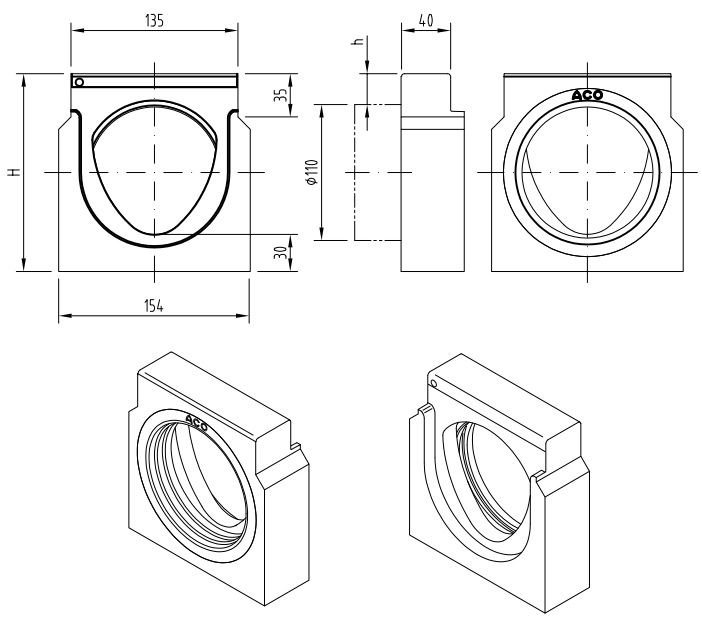 00132846 Esquema técnico de la tapa inicio/final con junta labiolaberíntica DN/OD 110 para el canal MULTILINE SEAL IN V100 L30 A154 H160 en homgión polímero con bastidor en acero galvanizado.