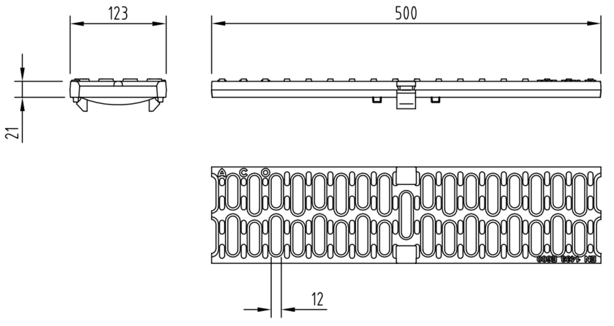 00132865 Esquema técnico da grelha para canal MULTIDRIAN/MULTILINE/XTRADRAIN 100, grelha passarela R12 em fundição da dimensões L500 A123 H21/30 com sistema de fixação Drainlock, classe de carga E600.