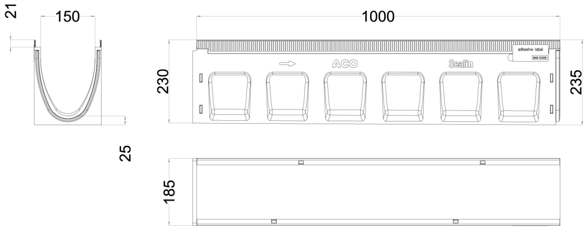 00133305 Esquema técnico del canal MULTILINE SEAL IN V150 5 L1000 con pendiente H230-235 de hormigón polímero sin reja, sistema de fijación Drainlock