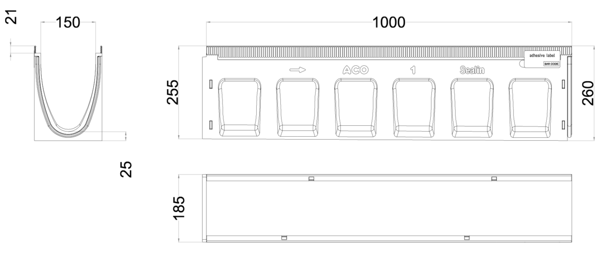 00133310 Esquema técnico del canal MULTILINE SEAL IN V150 10 L1000 con pendiente H255-260 de hormigón polímero sin reja, sistema de fijación Drainlock