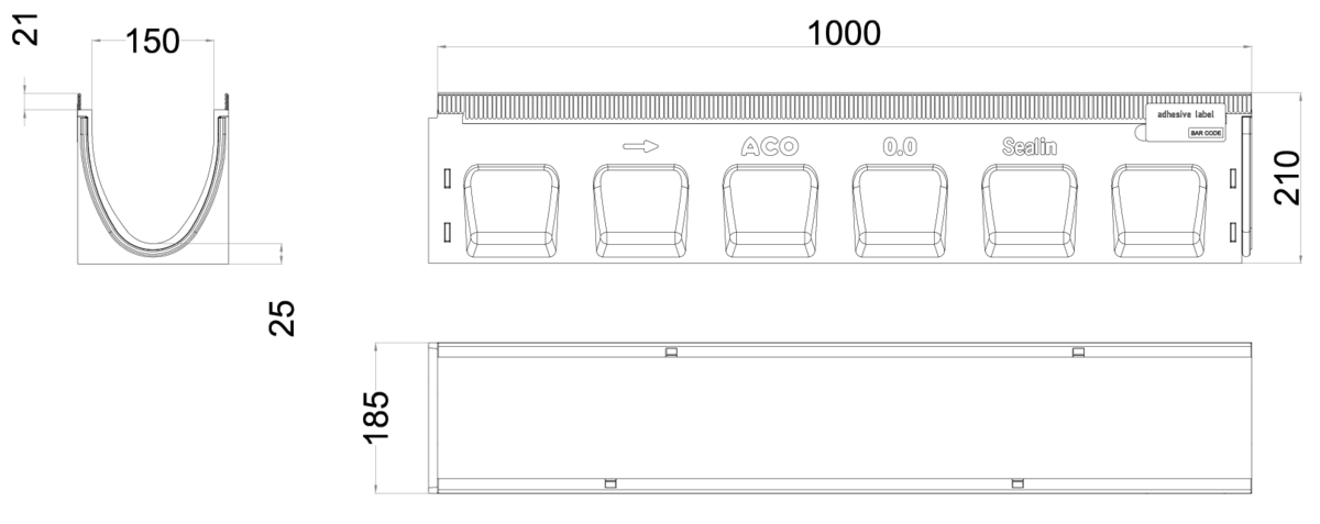 Esquema técnico del canal MULTILINE SEAL IN V150 0.0 L1000 H210 de hormigón polímero sin reja, sistema de fijación Drainlock
