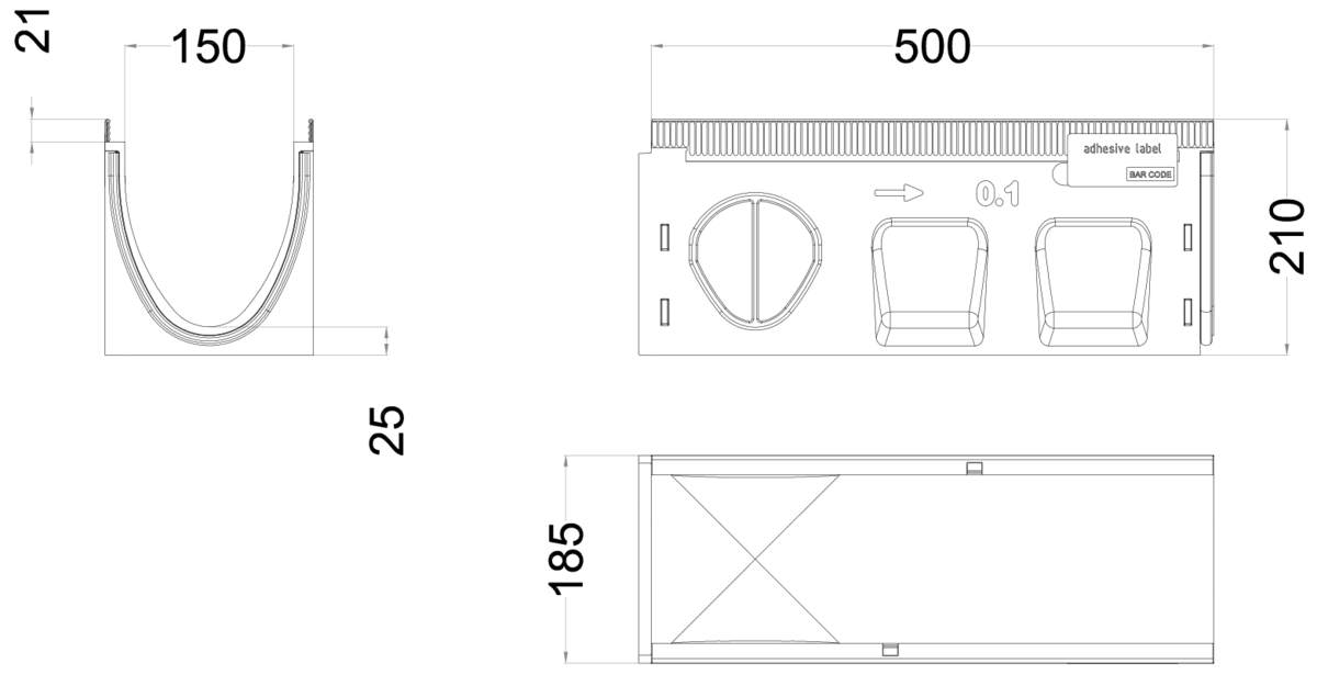 00133331 Esquema técnico del canal MULTILINE SEAL IN V150 0.1 L500 H210 de hormigón polímero sin reja, sistema de fijación Drainlock y preformas laterales rompibles L-T-X