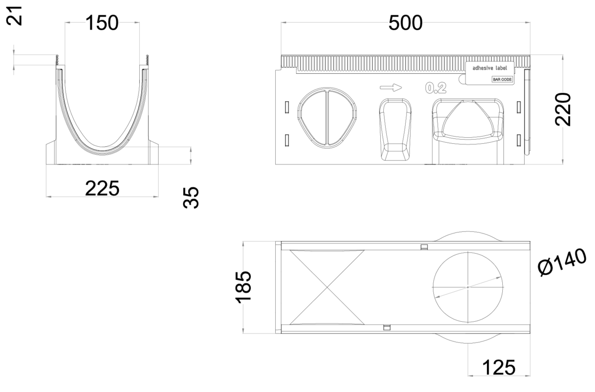 00133332 Esquema técnico del canal MULTILINE SEAL IN V150 0.2 L500 H220 de hormigón polímero sin reja, sistema de fijación Drainlock con bastidor en acero galvanizado y preformas laterales rompibles L-T-X y junta labiolaberintica vertical DN/OD 110