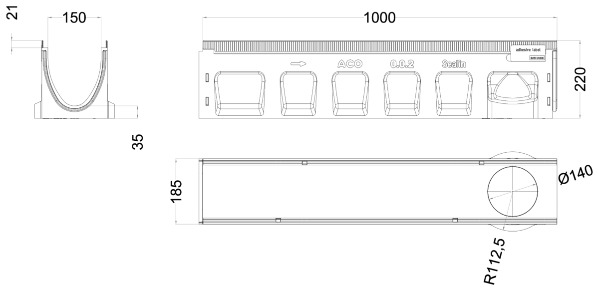 00133334 Esquema técnico del canal MULTILINE SEAL IN V150 0.0.2 L1000 H220 de hormigón polímero sin reja, sistema de fijación Drainlock y junta labiolaberintica vertical DN/OD 110